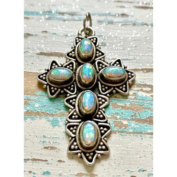 Ethiopian Opal Filigree Religious Cross Pendant & Free 16” Chain 925 - Picture 1 of 4